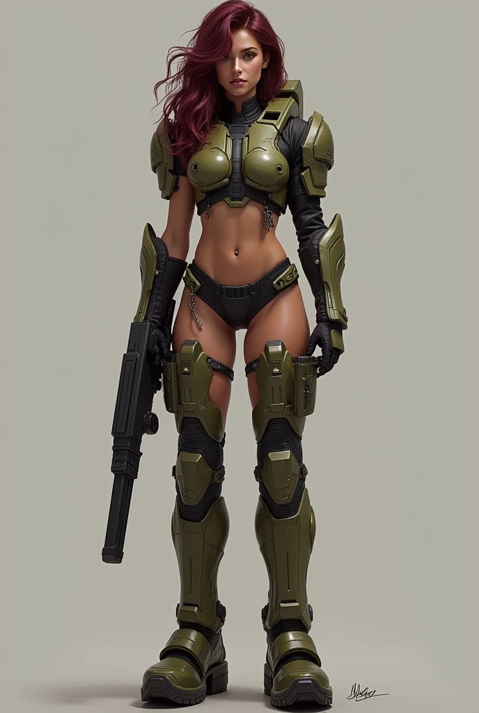 Female Halo Spartan Soldier, full body, sensual, wine-colored hair, shoulder length hair, wavy hair, slanted eyes, cachetona, brownish skin, dark colored eyes, weapon in hand, snub nose, long legs, with platform boots, naked