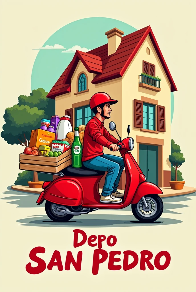 2d drawing Red delivery motorcycle with groceries and milk, cereal and bottled drinks, Behind her a house with a triangular roof and below the letters Depo San Pedro