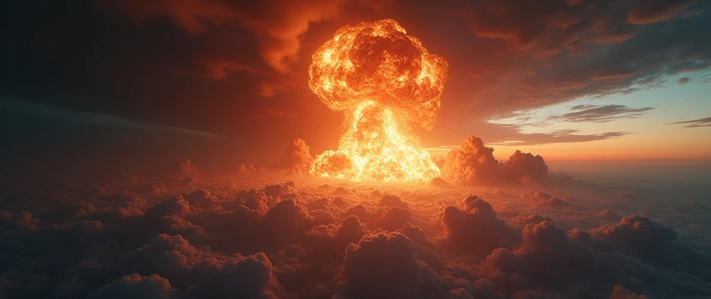 a huge explosion on the earth's surface from above, a comet streaking across the sky, massive explosion, apocalyptic, dark ominous clouds, dramatic lighting, cinematic composition, photorealistic, 8k, highly detailed, realistic, dramatic, intense, explosive, otherworldly, epic scale, awe-inspiring