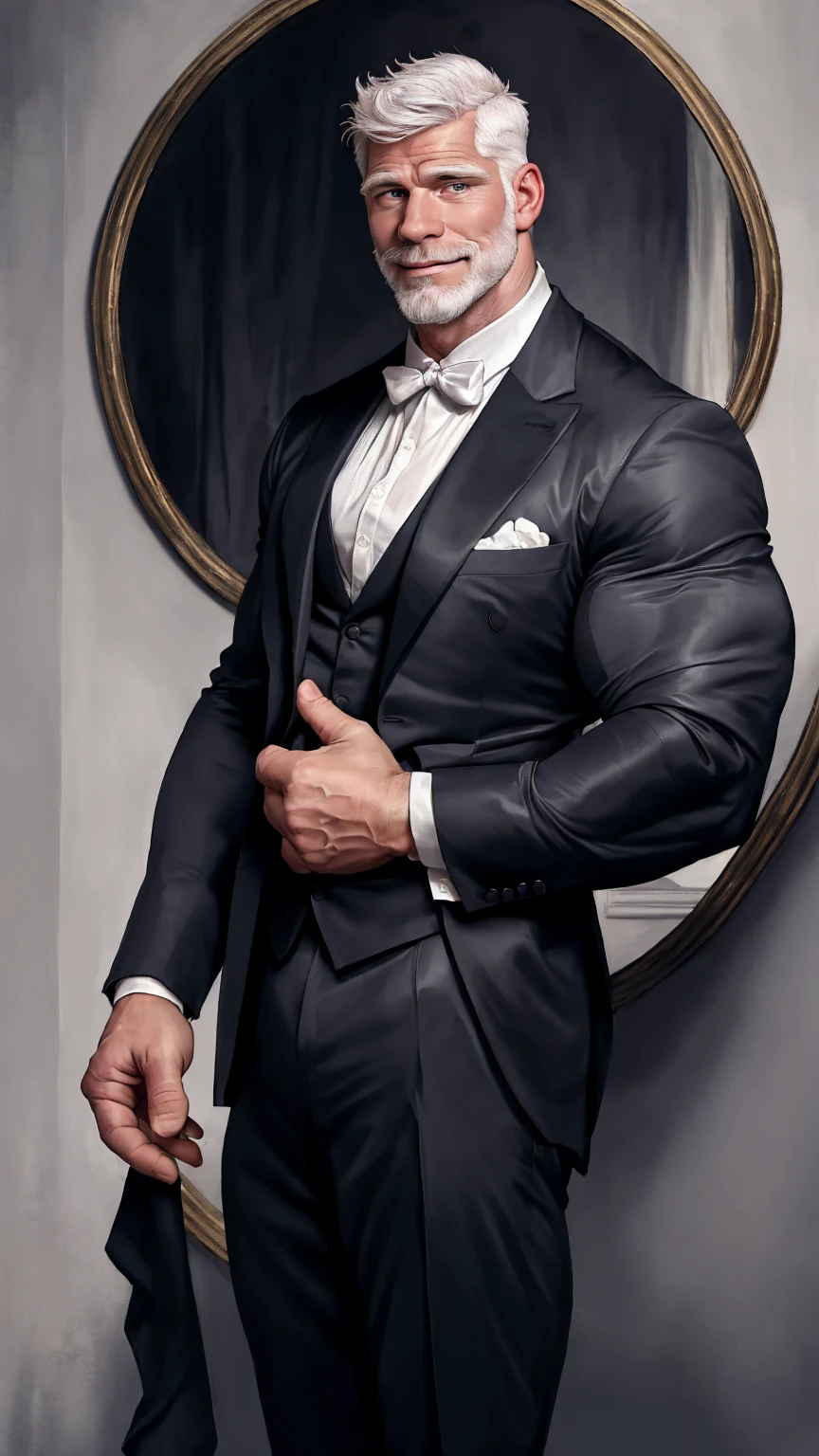 Highly detailed paintings, portraits, works of William-Adolf Bouguereau, Finnish Tom, Gaston Bussier, Alfons March, ethereal, poetic pastoral. Handsome Grandpa Magazine! Beard, short hair, small head and tall old man, wearing a black and gray open suit, white shirt!!! ( 8K, masterpiece, best quality, high resolution, super detail) elegant! Fashion background!! HD, 8k, thin and tall! Muscled, chest hair, hairy chest muscles! Smirk, masterpiece, best quality, high resolution, detailed background, strong body, very, male, he is about 60 years old, strong and handsome, muscular tissue, too many muscles, chest muscles! Detailed background, best quality, masterpiece, (muscle: 1.5), (white hair: 1.5)