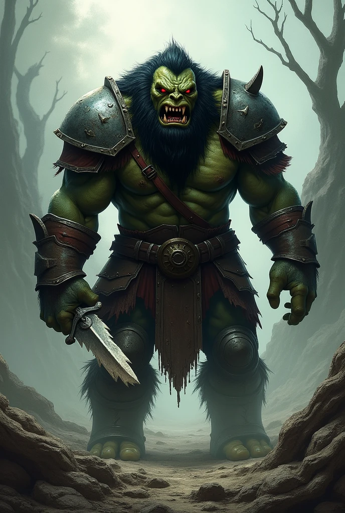 Dark Green Orc, Red eyes, black fur, a broken fang and a plate armor