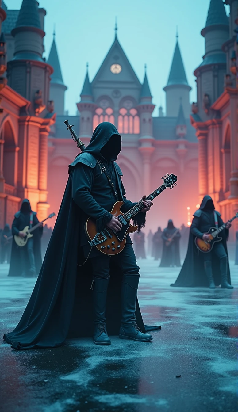 a rock band performance in a medieval setting on ice, medieval castle, blurred motion, dark moody lighting, heavy metal, dramatic poses, cinematic framing, (best quality,4k,8k,highres,masterpiece:1.2),ultra-detailed,(realistic,photorealistic,photo-realistic:1.37),HDR,UHD,studio lighting,vivid colors