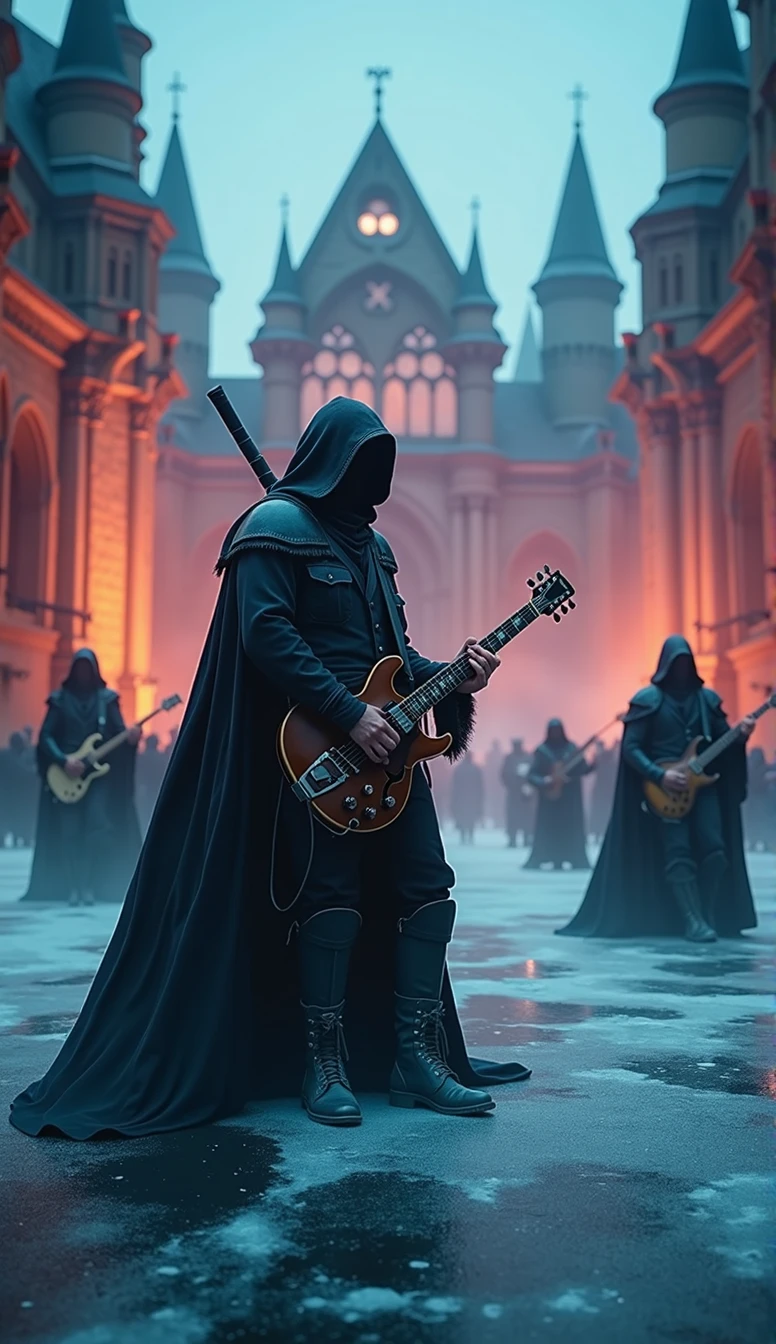 a rock band performance in a medieval setting on ice, medieval castle, blurred motion, dark moody lighting, heavy metal, dramatic poses, cinematic framing, (best quality,4k,8k,highres,masterpiece:1.2),ultra-detailed,(realistic,photorealistic,photo-realistic:1.37),HDR,UHD,studio lighting,vivid colors
