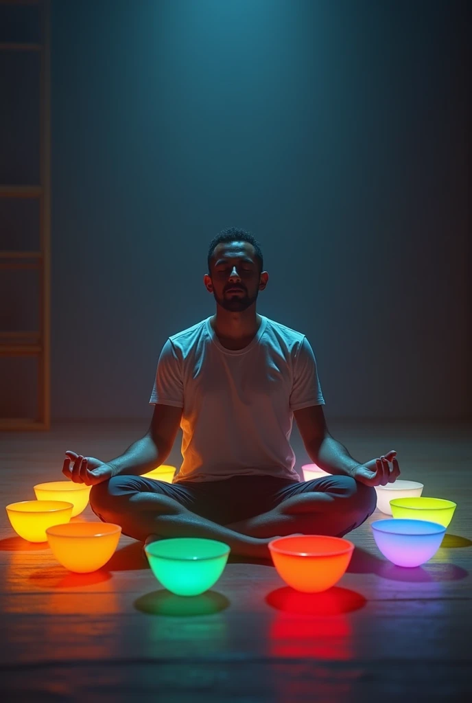 Crystal singing bowls in the colour of the chakras,around a man, with chakras 