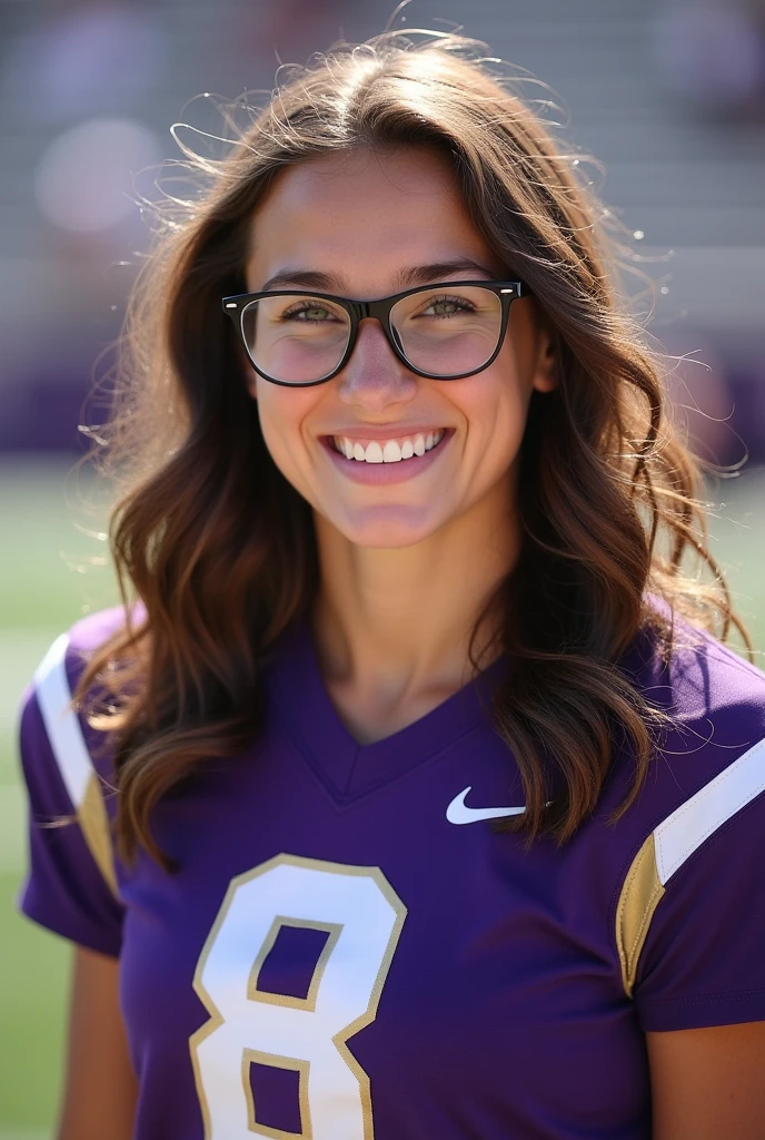 A photo of Emily Goldsmith, a quarterback for the female Texas Christian University Horned Frogs football team. Number 8. Brown wavy hair and glasses