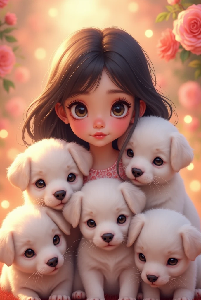 a cute teenage girl, 6 adorable white puppies, beautiful detailed eyes, beautiful detailed lips, extremely detailed eyes and face, long eyelashes, cute and adorable expression, beautiful young girl, soft lighting, warm color tones, (best quality,4k,8k,highres,masterpiece:1.2),ultra-detailed,(realistic,photorealistic,photo-realistic:1.37),colorful, vibrant, adorable, cute, kawaii, highly detailed, intricate, whimsical, magical, fantasy, soft focus, dreamy, warm lighting, oil painting