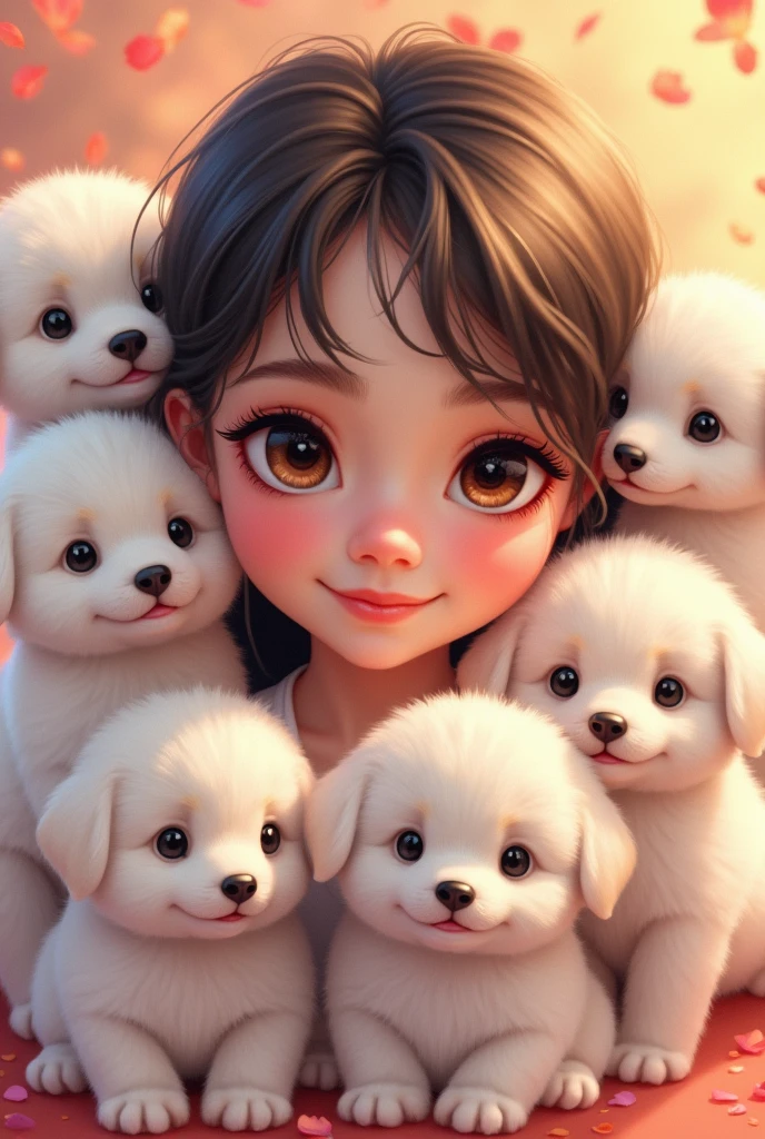 Drawing vector style ,a cute teenage girl, 6 adorable white puppies, beautiful detailed eyes, beautiful detailed lips, extremely detailed eyes and face, long eyelashes, cute and adorable expression, beautiful young girl, soft lighting, warm color tones, (best quality,4k,8k,highres,masterpiece:1.2),ultra-detailed,(realistic,photorealistic,photo-realistic:1.37),colorful, vibrant, adorable, cute, kawaii, highly detailed, intricate, whimsical, magical, fantasy, soft focus, dreamy, warm lighting, oil painting