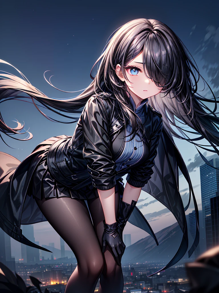 ((Oriental Project)),((masterpiece)),((leaning forward)),((Highest quality)),((Fascinating)),((alone)),((Deep blue pupils)),((Looking up at the night view from the top of the hill)),((Beautiful Blue Eyes)),((Wearing a black coat)),((Wearing a black mini skirt,She is wearing black tights under her skirt)),((Slim body)),((length, Shiny black hair)),((Her left eye is completely hidden by her bangs)),((Her hair is parted, and you can see her eyes through it)),((Wearing black gloves)),((hair over one eye,long hair)),((Ruthless)),((Complex background)),((Hair blowing in the wind))