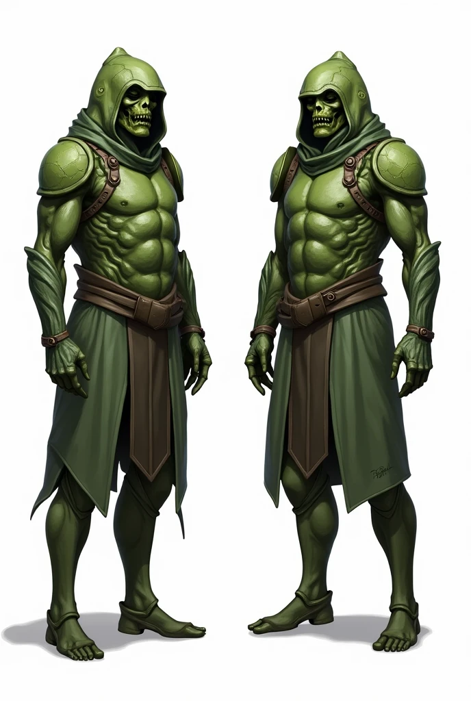 Character design for the game: Bio-soldier druid, conservationist, dressed in plate green biological armor similar to chitinous shell, armor color is dull green, two variations of the character in one image on a white background