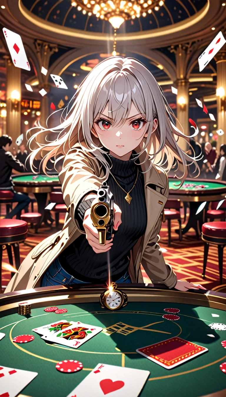 1girl, 15 years old, slim, small breasts, white hair, hairs between eyes, shoulder length hair, pale skin, bright red eye, white duffle coat, open coat,  black sweater, turtlenecks, long sleeves, jeans, gold pocket watches hanging from the neck, 
detailed face, smooth skin, shiny skin, kawaii, 
BREAK 
angry, holding weapon, holding gun, handgun, aiming at viewer, muzzle flash, 
casino, fell table, casino card table, (scattered cards:1.8), smog, 
BREAK 
cinematic lighting, volumetric shadow, 
BREAK 
source_anime, game CG, score_9, score_8_up, score_7_up, (masterpiece:1.2), (best quality:1.2), (very aesthetic:1.2), (absurdres:1.2), (detailed background), newest, (intricate:1.2), ai-generated,