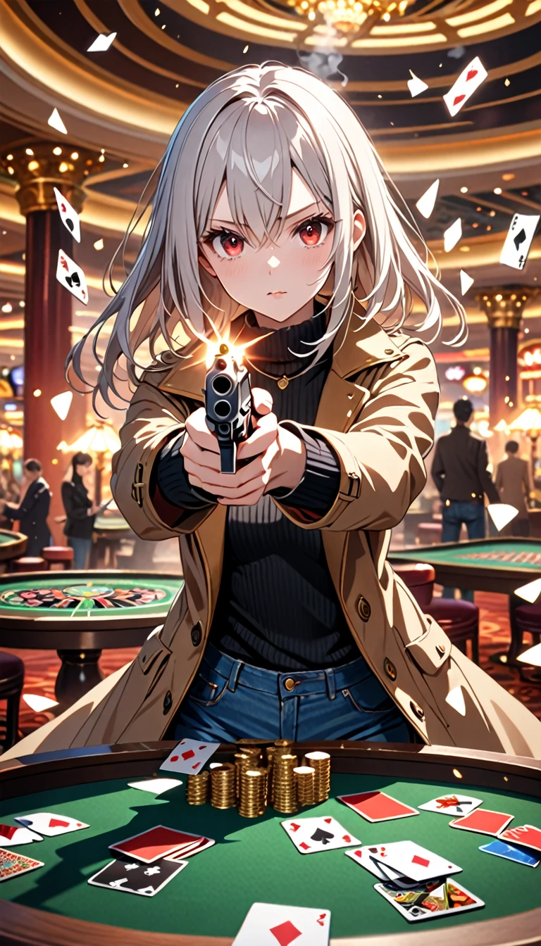1girl, , slim, small breasts, white hair, hairs between eyes, shoulder length hair, pale skin, bright red eye, white duffle coat, open coat, black sweater, turtlenecks, long sleeves, jeans, gold pocket watches hanging from the neck,
detailed face, smooth skin, shiny skin, kawaii,
BREAK
angry, holding weapon, holding gun, handgun, aiming at viewer, muzzle flash,
casino, fell table, casino card table, (scattered cards:1.8), smog,
BREAK
cinematic lighting, volumetric shadow,
BREAK
source_anime, game CG, score_9, score_8_up, score_7_up, (masterpiece:1.2), (best quality:1.2), (very aesthetic:1.2), (absurdres:1.2), (detailed background), newest, (intricate:1.2), ai-generated,