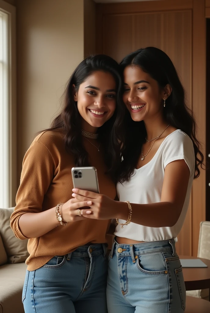 Two indian toned girls in jeans and top taking selfie in a beautiful hotel room. The girls shoud have malayali touch