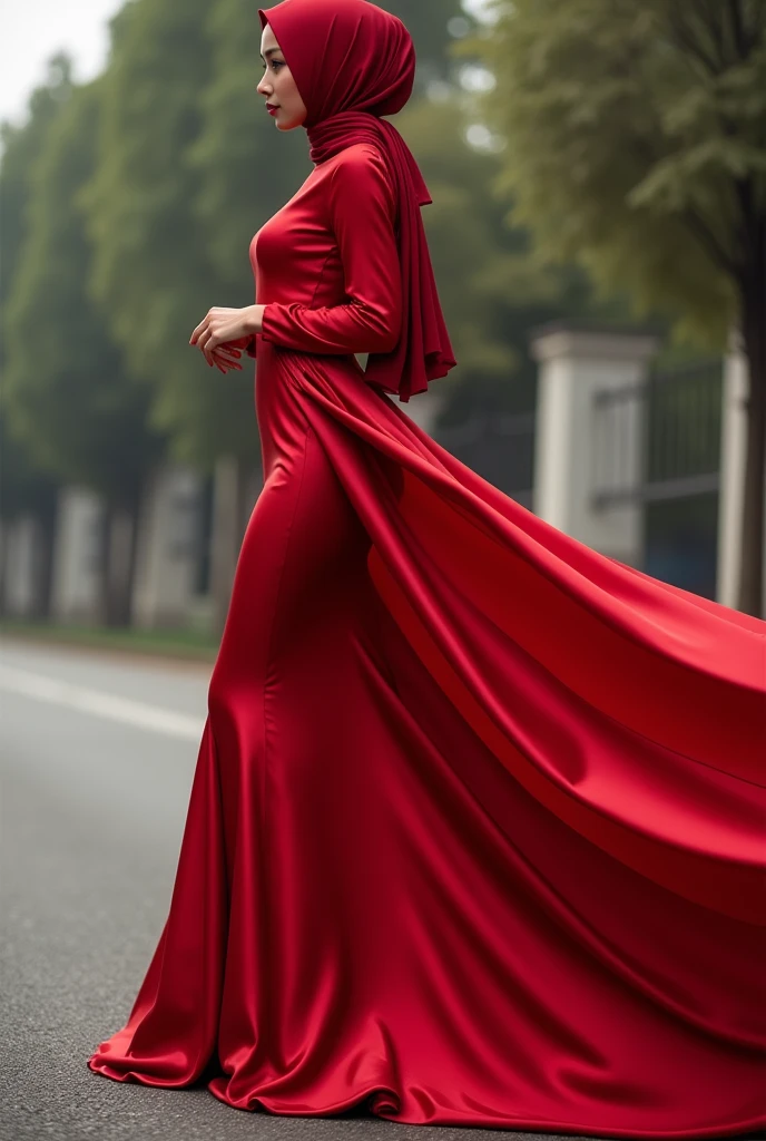 Asian woman in red satin long gown, wear modern hijab, mermaid-style, fabric clings tightly, wear sheer outer, full-body encapsulation, entirety of fabric about 7 meters in length trailing dramatically, glamours style, overlong satin train, extreme detail on the texture of the satin, highlighting its reflective quality, cinched at the ankle, ???? random pose outdoor, dramatic lighting, ultra realistic, high-resolution photography.