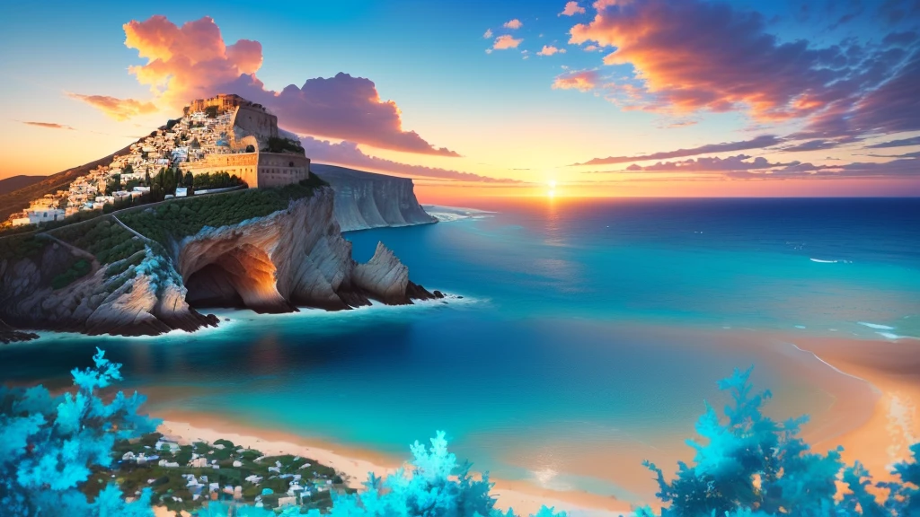 there is a View of a beach and a body of water from a hill, blue sea, Greeceのファンタジーパノラマ, Greece, Blue Water, Turquoise Sea, Mediterranean, blue sea, Turquoise Water, 澄んだBlue Water, Blue Water, turquoise horizon, Wide Image, Mediterranean island scenery, Breathtakingly beautiful beaches, Mediterranean beach background, View, far View, Breathtaking