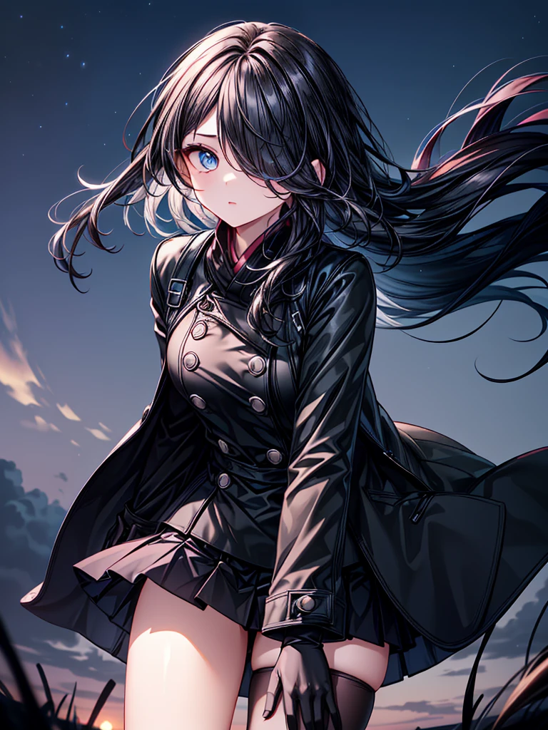 ((Oriental Project)),((masterpiece)),((leaning forward)),((Highest quality)),((Fascinating)),((alone)),((Deep blue pupils)),((Looking up at the night view from the top of the hill)),((Beautiful Blue Eyes)),((Wearing a black coat)),((Wearing a black mini skirt,She is wearing black tights under her skirt)),((Slim body)),((length, Shiny black hair)),((Her left eye is completely hidden by her bangs)),((Her hair is parted, and you can see her eyes through it)),((Wearing black gloves)),((hair over one eye,long hair)),((Ruthless)),((Complex background)),((Hair blowing in the wind))