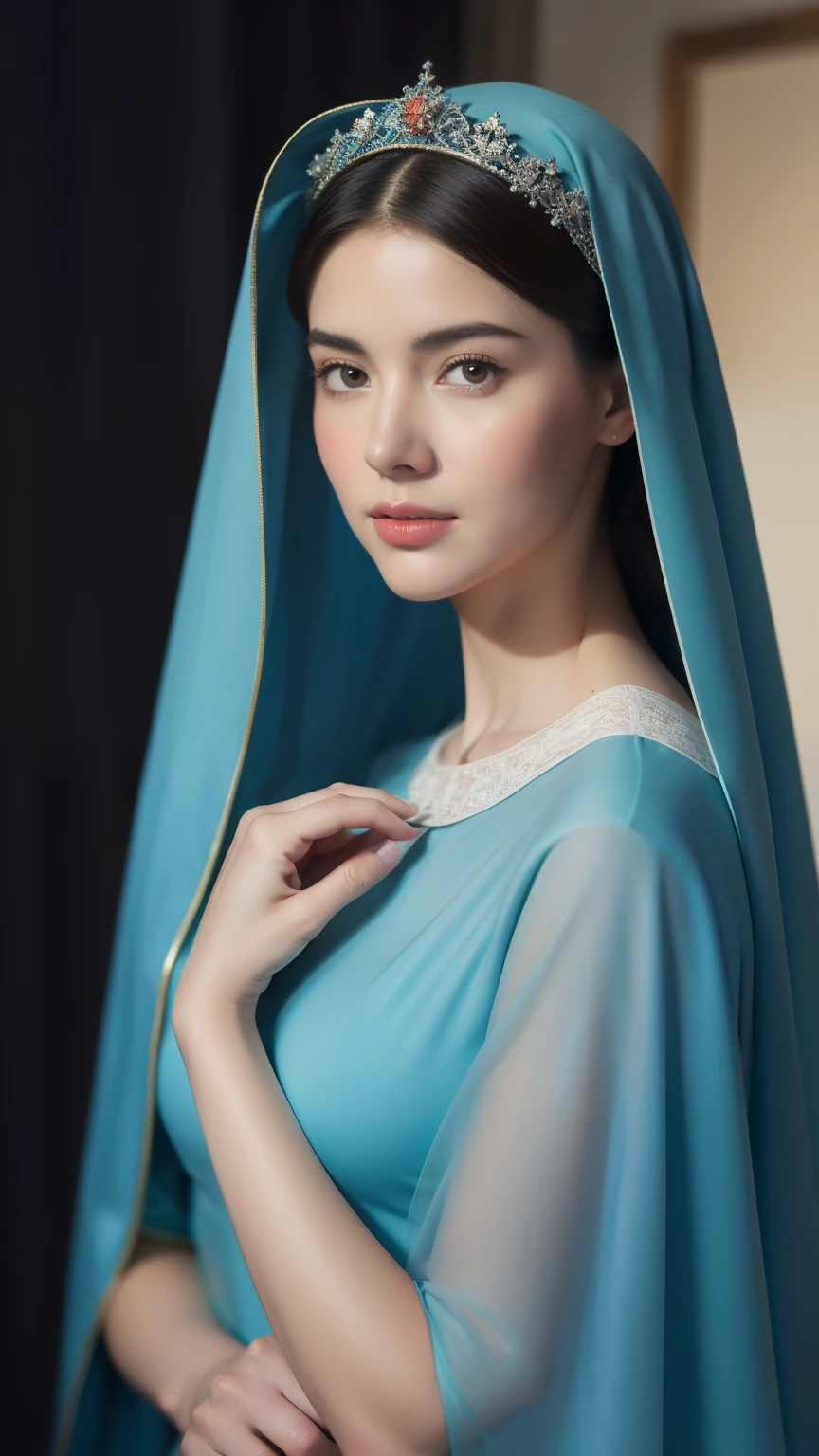 Beautiful ultra-thin realistic portrait of the Virgin Mary, Grace Kelly, Wearing a blue veil and cloak over a red tunic , ((Divinity)), whole body, With arms outstretched, I look down gently, Biblical, Realistic, Intricate details, Abbott Fuller Graves, Bartolomé Esteban Murillo, Jc Leyendecker, Craig Mullins, Peter Paul Rubens, (Caravaggio), Art Station Trends, 8k, Concept Art, Fantasy art, Realistic, Realistic, figure, oil, Surrealism, 超Realisticな, Brush Brush, Digital Art, style, watercolor