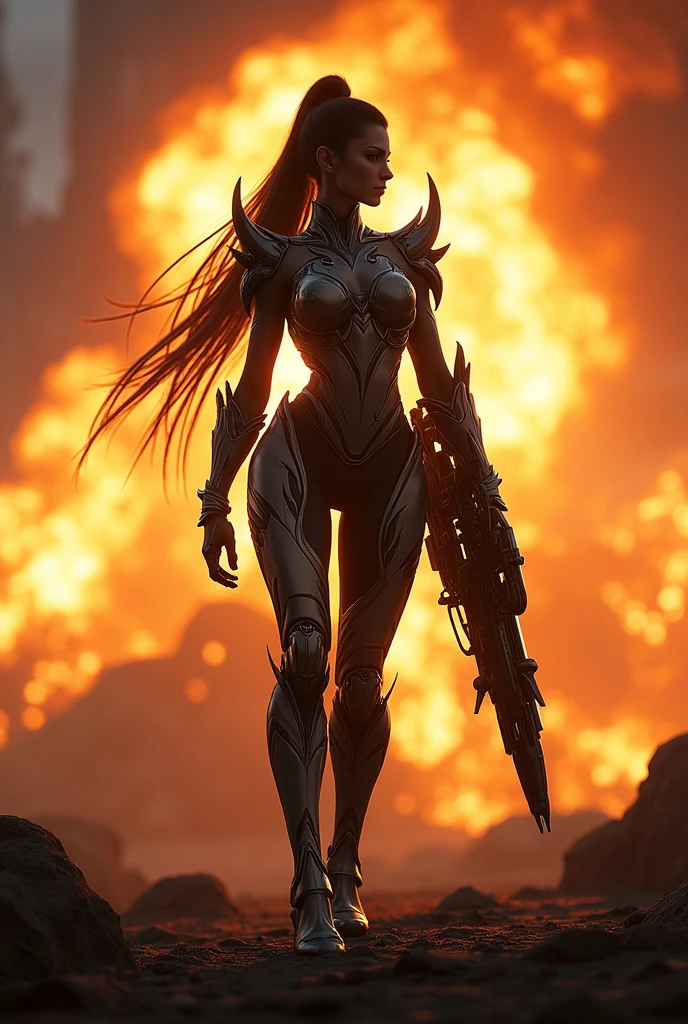 The character Octavia from the game Warframe with an explosion in the background of the image