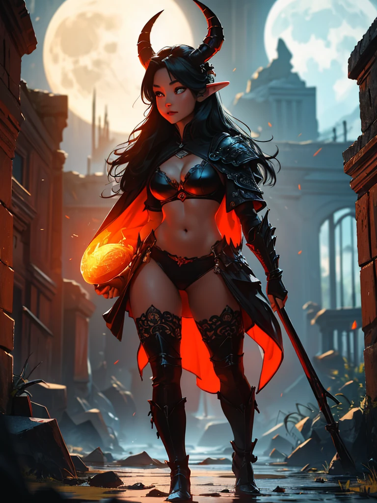 a beautiful busty Asian elf woman with ram horns, glowing eyes, and a long curling demon lizard tail, wearing a black and red bikini armor in ancient ruins at night under a full moon, black tattoo, boots, (best quality,4k,8k,highres,masterpiece:1.2),ultra-detailed,(realistic,photorealistic,photo-realistic:1.37),dark fantasy,cinematic lighting,dramatic atmosphere,vibrant colors,intricate details