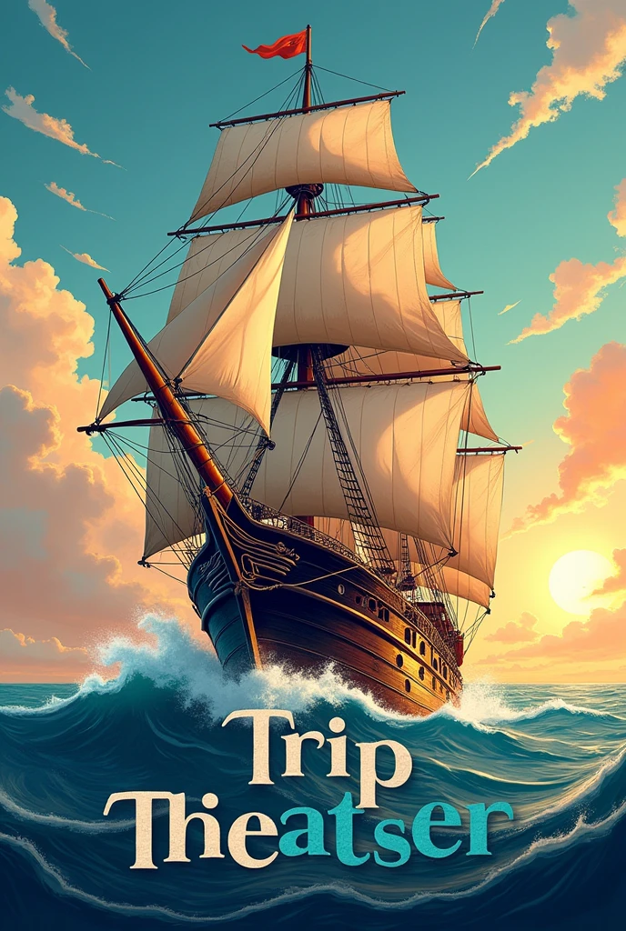 A ship-themed illustration as the background、A logo with the words "Trip Theater"