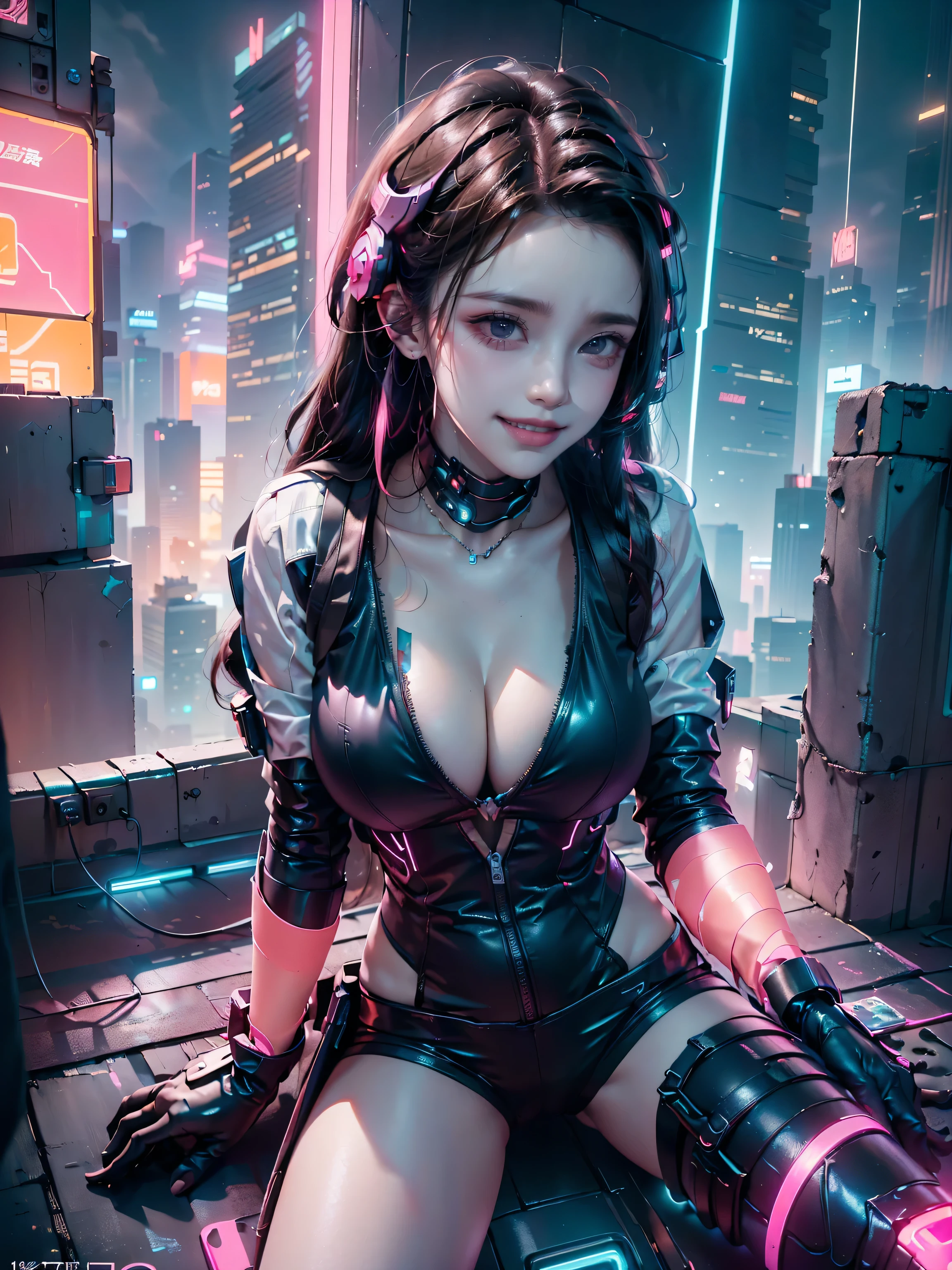 ((16K)),((masterpiece:1.3)), ((Highest quality)), ((Ultra-high resolution)), (Very detailed), ( ultra-realistic, Photorealistic:1.4), Perfect lighting,((Side light)), Surrealism,No makeup, Film Grain, chromatic aberration, Sharp focus, Face Light,((Beautiful detailsまでこだわった髪)),((Beautiful eyelashes)), Beautifully detailed face, ((Beautiful Hair)),Beautiful details, Beautiful clavicle, Beautiful body, Thin legs,Beautiful breasts, Beautiful legs, ((Detailed and carefully drawn hand)), ((Cleavage)),Pointed Chest, Perfect Anatomy, Supermodel with a long neck,((Skinny1.3)),23 years old,Looking into the camera,(Perfect Anatomy,Anatomically correct, Very detailed肌), Glowing Skin,((pale skin)),((beautiful girl:1.1)),(((large breasts:1.4))),Dainty facial structure,((Show your teeth and smile:1.4)),((Command nezuko:1.5)), ((demon slayer)), ((pink jacket)), ,((wearing (pink) Cyberpunk Gunfighter:1.2)), ((Futuristic pink Cyberpunk Outfit)), ((Don a futuristic ensemble with cyberpunk-inspired clothing, incorporating sleek lines and high-tech details:1.4, Gloves with Built-in Tech, Enhance the look with gloves that feature built-in tech elements, adding a sci-fi touch, Holographic Gun Holster, Carry a holographic gun holster for an avant-garde and visually striking appearance in a Hollywood-worthy action scene)), ((light effect:1.2)),((Spread legs:1.4)),ride in a car,((The car should have a sleek, aerodynamic design with sharp angles and aggressive lines. The body is made of a dark, metallic material with neon lights running along the edges, glowing in vibrant colors like electric blue, neon pink, or vivid purple)),background((Background of a colorful cyberpunk Tokyo street at night. The scene features futuristic skyscrapers illuminated by neon lights and holographic advertisements. ((Skyscraper Rooftop Gardens:1.4)),Flying vehicles zip through the sky, while people in cyberpunk fashion walk the streets below, The walls of the buildings are adorned with giant digital screens displaying vibrant ads and animations. The ground is embedded with colorful LED lights, creating an ethereal and otherworldly atmosphere throughout the city)),((from above)),((wide shot:1.6))