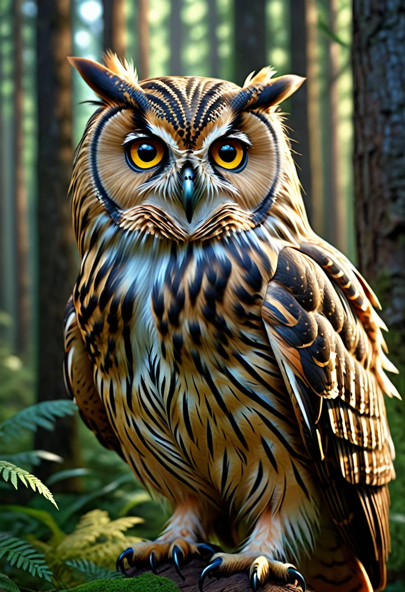 Owl with a human face in the forest(best quality,4K,8k,High level,masterpiece:1.2),Ultra Detailed,(lifelike,Photo real,Photo real:1.37),Highly detailed animals,Complex patterns,Realistic lighting