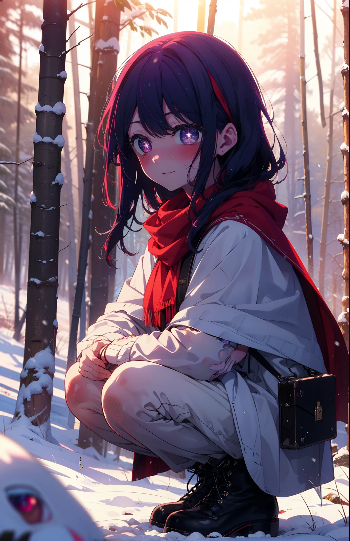 aihoshino, Ai Hoshino, Long Hair, bangs, (Purple eyes:1.1), Purple Hair, (Symbol-shaped pupil:1.5), smile,,smile,blush,white breath,
Open your mouth,snow,Ground bonfire, Outdoor, boots, snowing, From the side, wood, suitcase, Cape, Blurred, , forest, White handbag, nature, Squat, Mouth closed, Cape, winter, Written boundary depth, Black shoes, red Cape break looking at viewer, Upper Body, whole body, break Outdoor, forest, nature, break (masterpiece:1.2), Highest quality, High resolution, unity 8k wallpaper, (shape:0.8), (Beautiful and beautiful eyes:1.6), Highly detailed face, Perfect lighting, Highly detailed CG, (Perfect hands, Perfect Anatomy),