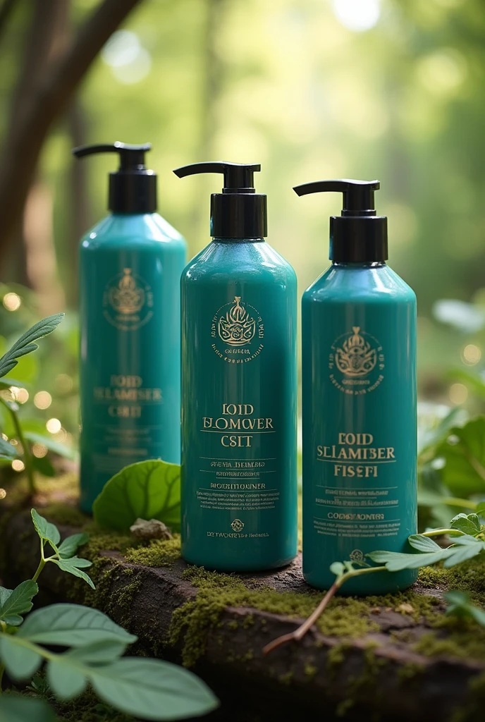 Setting: A serene, natural forest with lush greenery, feathers, and tree leaves.
Products: Three tubular bottles (shampoo, shower gel, conditioner) with a peacock color and silver/golden text.
Details: The bottles should have a cap the same size as the bottle and reflect natural, body-friendly, moisturizing, and nourishing qualities.