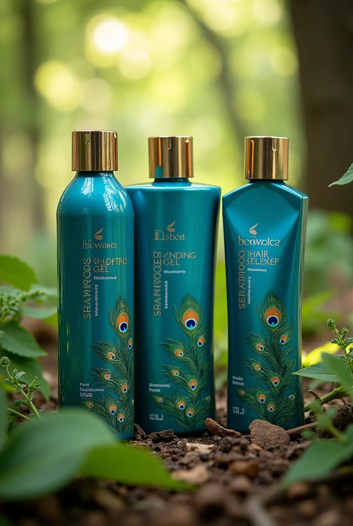 Setting: A serene, natural forest with lush greenery, feathers, and tree leaves.
Products: Three tubular bottles (shampoo, shower gel, conditioner) with a peacock color and silver/golden text.
Details: The bottles should have a cap the same size as the bottle and reflect natural, body-friendly, moisturizing, and nourishing qualities.