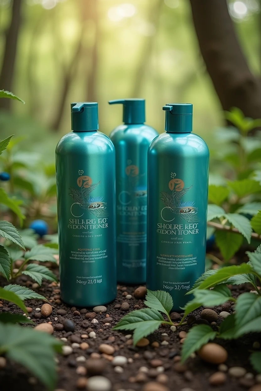 Setting: A serene, natural forest with lush greenery, feathers, and tree leaves.
Products: Three tubular bottles (shampoo, shower gel, conditioner) with a peacock color and silver/golden text.
Details: The bottles should have a cap the same size as the bottle and reflect natural, body-friendly, moisturizing, and nourishing qualities.
