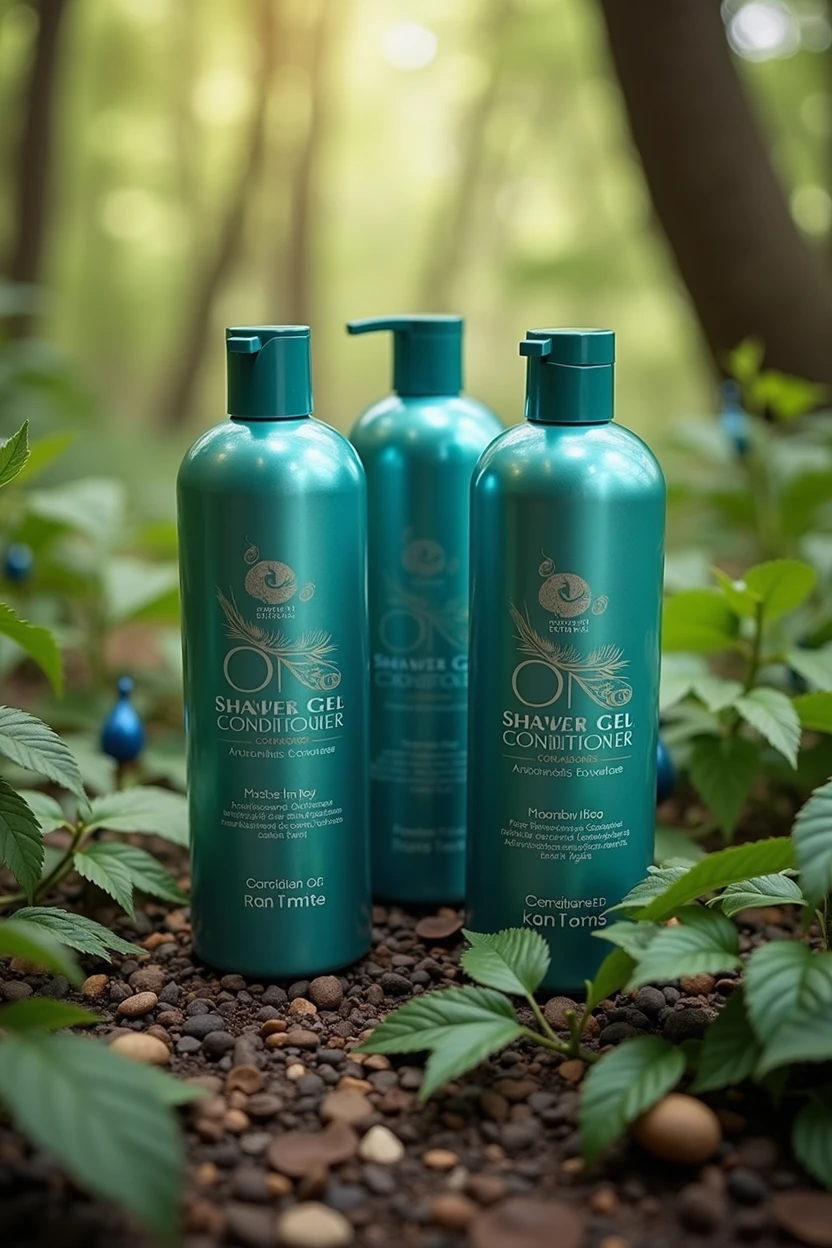 Setting: A serene, natural forest with lush greenery, feathers, and tree leaves.
Products: Three tubular bottles (shampoo, shower gel, conditioner) with a peacock color and silver/golden text.
Details: The bottles should have a cap the same size as the bottle and reflect natural, body-friendly, moisturizing, and nourishing qualities.