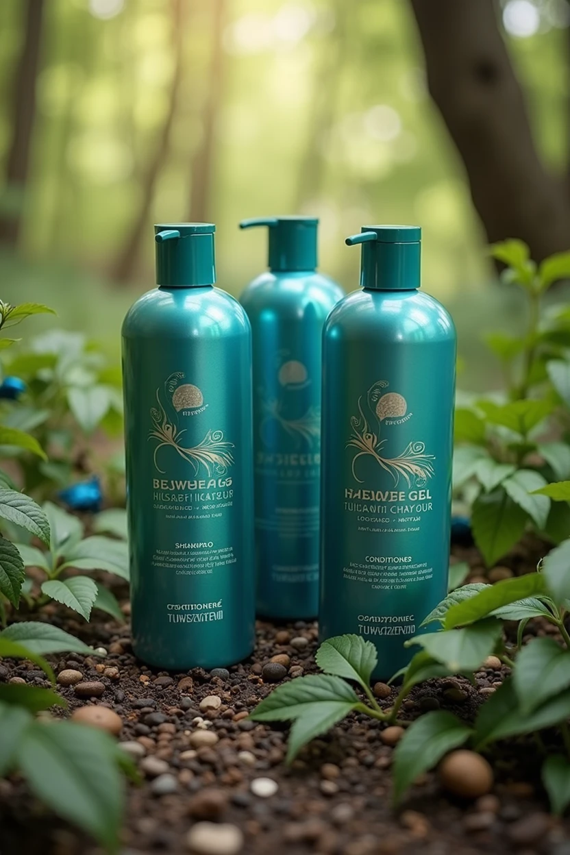 Setting: A serene, natural forest with lush greenery, feathers, and tree leaves.
Products: Three tubular bottles (shampoo, shower gel, conditioner) with a peacock color and silver/golden text.
Details: The bottles should have a cap the same size as the bottle and reflect natural, body-friendly, moisturizing, and nourishing qualities.