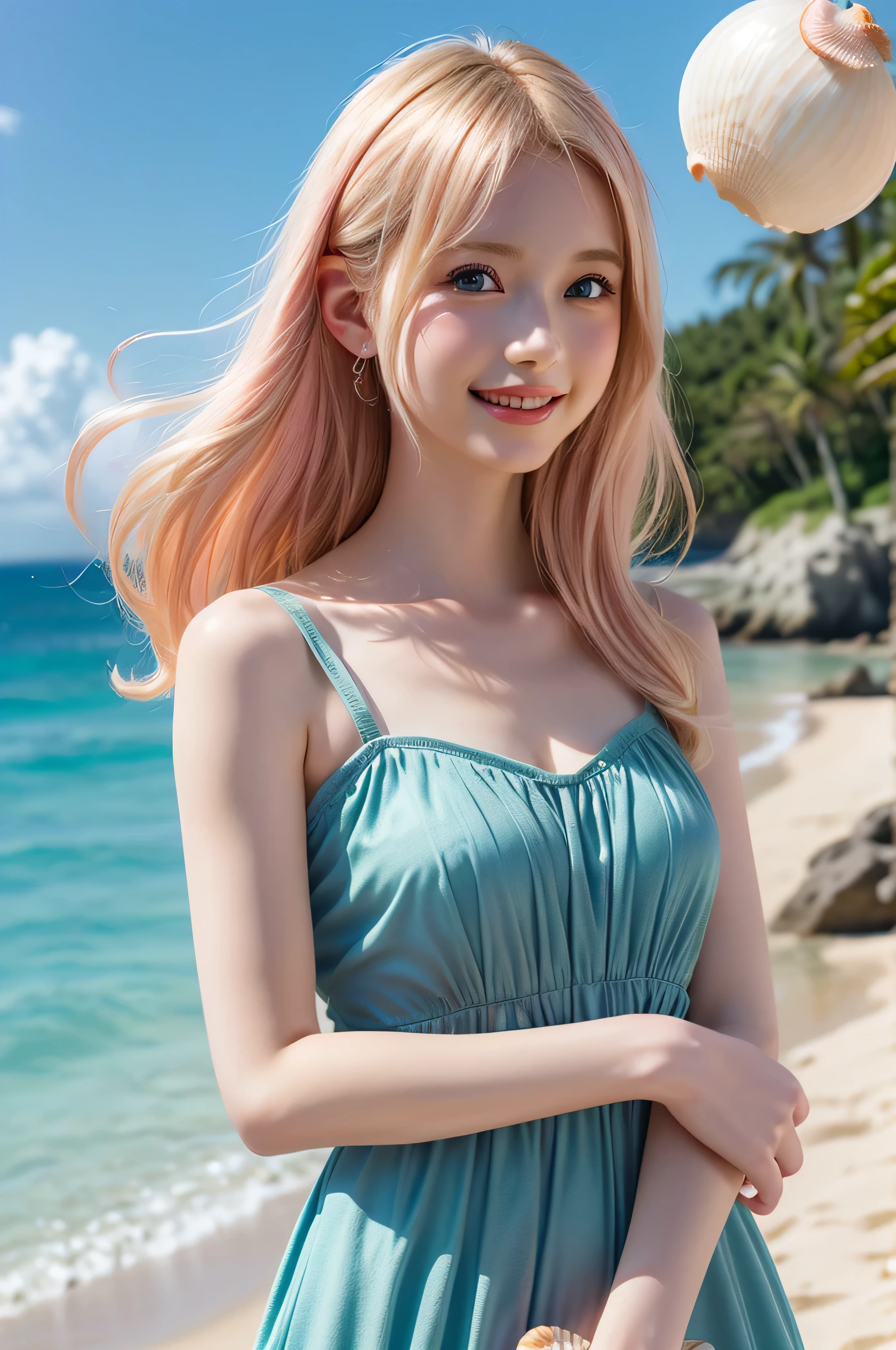 delicate and beautiful CG artwork),(best quality, ultra-detailed, high resolution),(dynamic angle, dynamic lighting),(1 character),(long pink and blonde hair), blue eyes, beautiful face), 1 girl, (long sideburns, plants, smile, long blue dress, 3 d, ocean, water, beach ball, sea shells, sunny, windy