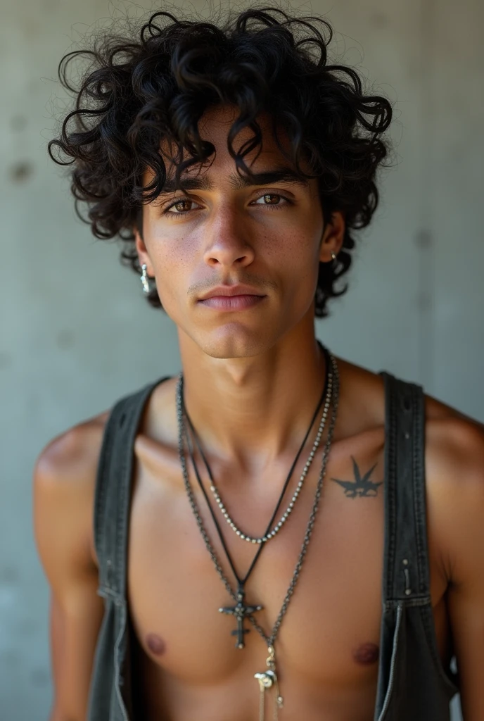 17-year-old . He has slightly tanned skin, brown eyes and black curly hair that reaches his ears, his most distinctive feature is the various piercings he has, one on the lower lip, one on the nose and another on the navel. He usually wears baggy clothes and uses a grunge style. Carefree, posing for a photo