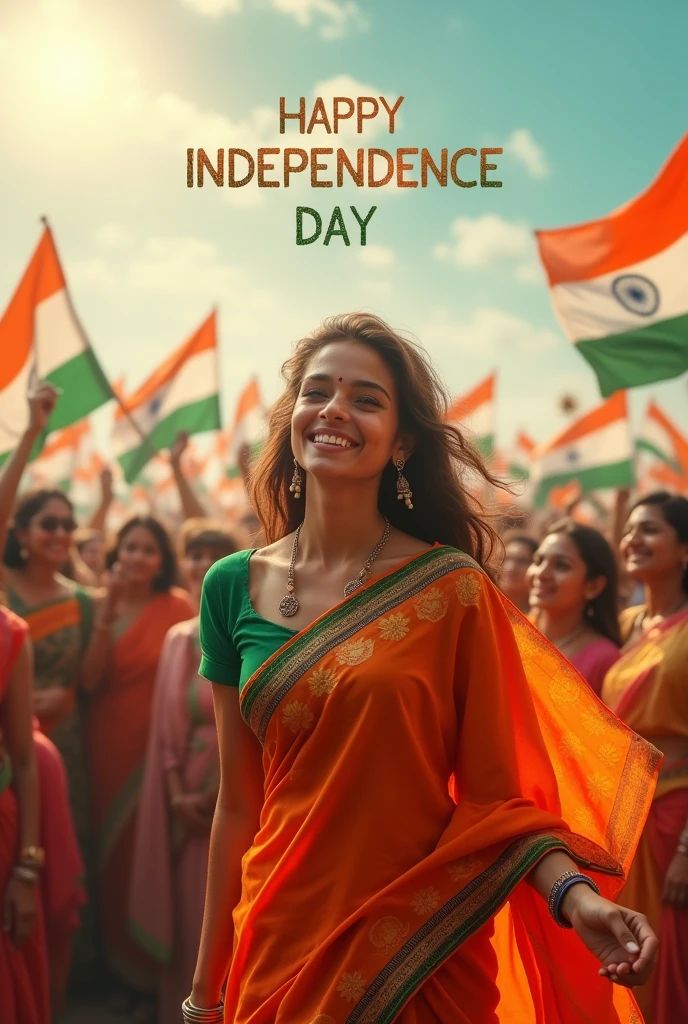A real 20-year-old girl joyfully celebrates Indian Independence Day. she is wearing traditional Indian saree, in the sky, the words "Happy Independence Day" are displayed in a bold font. The backdrop is filled with people celebrating, enhancing the festive and patriotic spirit of the day.make sure text should be correct.
