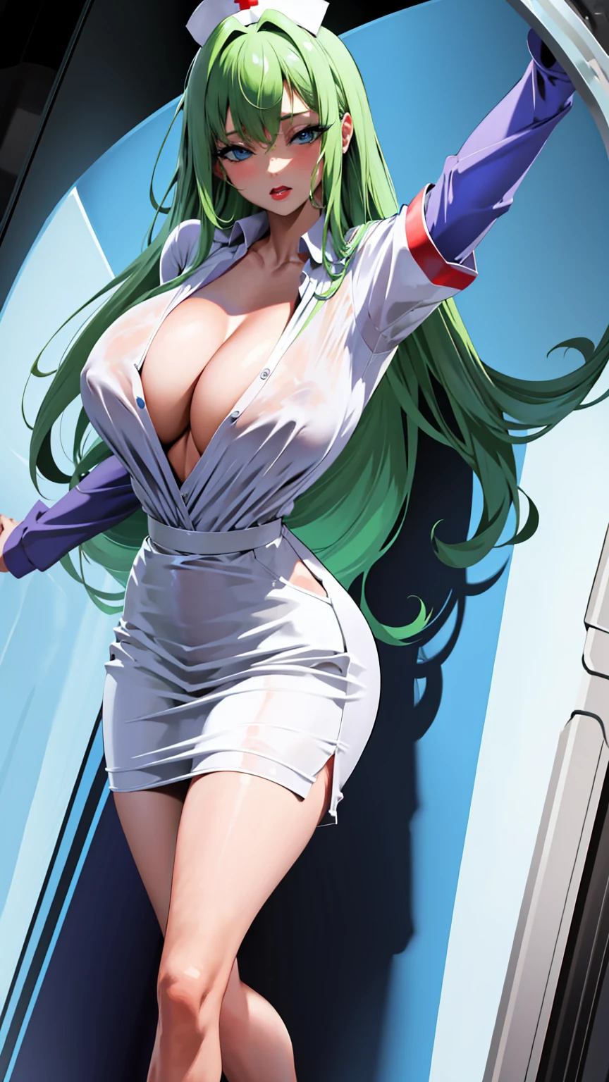 nurse outfit, large breast, big breast, cleavage, long green hair, blue eyes