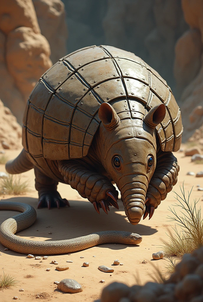 Armadillo preying on a snake
