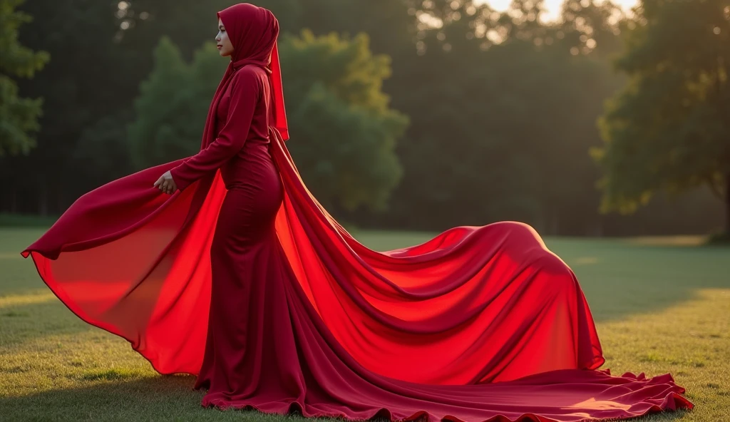 Asian woman in red satin long gown, wear modern hijab, mermaid-style, fabric clings tightly, wear sheer outer gown, full-body encapsulation, entirety of fabric about 7 meters in length trailing dramatically, glamours style, overlong satin train, extreme detail on the texture of the satin, highlighting its reflective quality, cinched at the ankle, sexy random pose outdoor, dramatic lighting, ultra realistic, high-resolution photography.