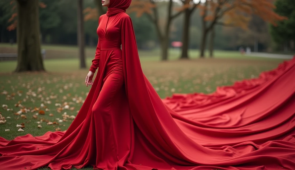 Asian woman in red satin long gown, wear modern hijab, mermaid-style, fabric clings tightly, wear sheer outer gown, full-body encapsulation, entirety of fabric about 7 meters in length trailing dramatically, glamours style, overlong satin train, extreme detail on the texture of the satin, highlighting its reflective quality, cinched at the ankle, sexy random pose outdoor, dramatic lighting, ultra realistic, high-resolution photography.
