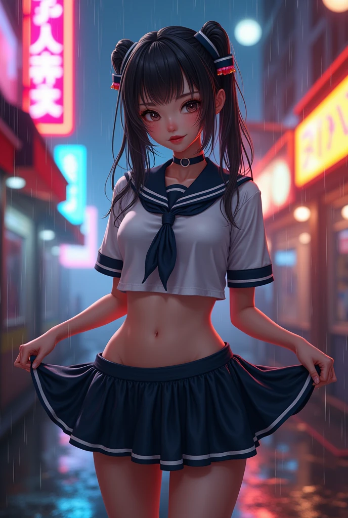 A very beautiful woman of no nationality with oriental features、Wearing a sailor suit、Hair tied in Shimada style、Lifting her skirt to show her panties、Smiling Kindly、Low angle shot、Beautiful and detailed sailor uniform texture、Beautifully detailed wet bodies, faces and hair、Ideal body type、Big Breasts、Tight waist、Detailed navel、Beautifully detailed thighs、Beautifully detailed eyes、Beautifully detailed mouth、Long eyelashes、Facial features are detailed、hairpin、hair ornaments、Short skirt、Cyberpunk City's Entertainment District、night、rain、