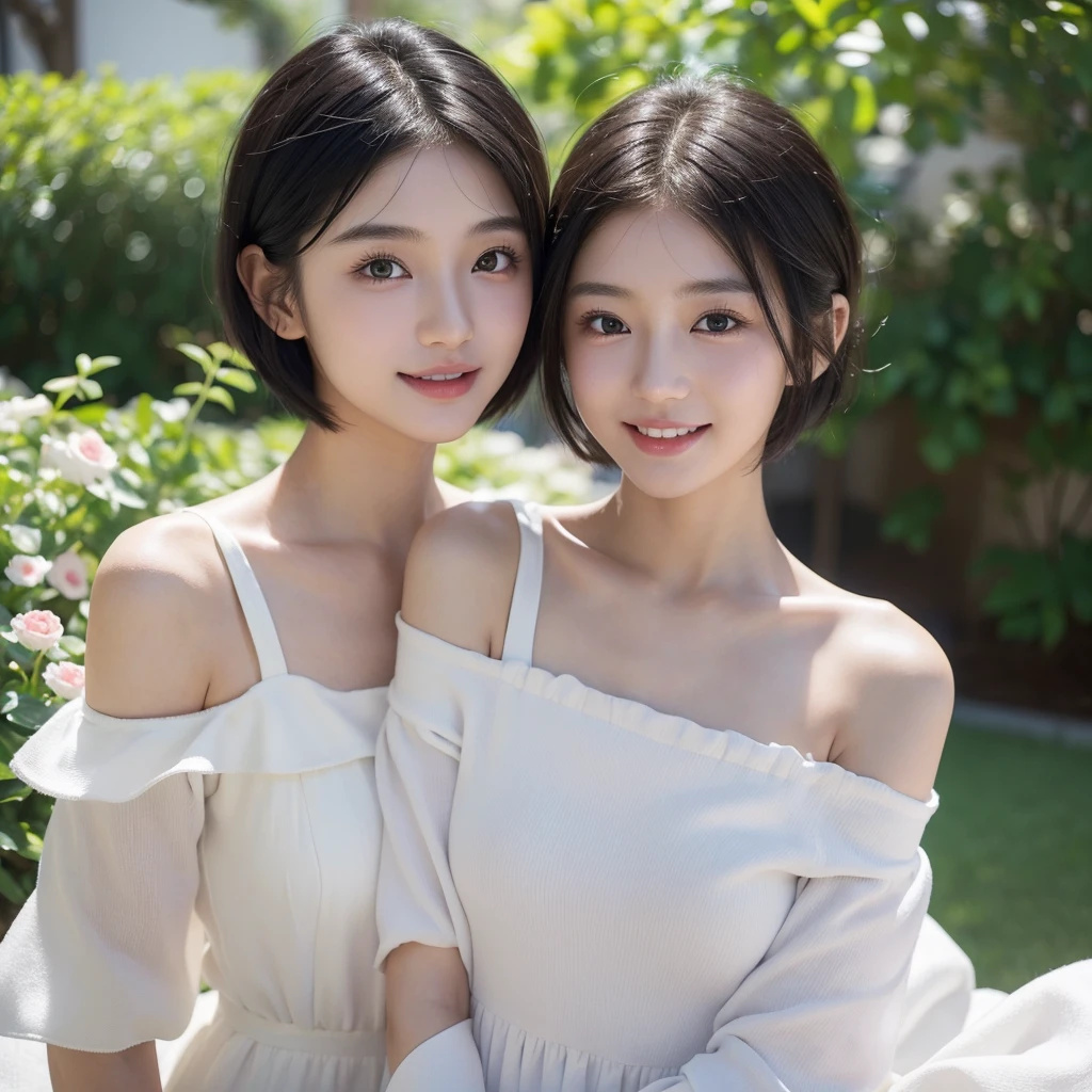 (((masterpiece))), (14 year old Japanese beauty, Classmate, pure and innocent,cute) ,超A high resolution, realistic, super detailed, 8K,highest quality, very detailed, detailed background,Slender,very beautiful japanese girl, detailed face:1.3), (boyish short hair,black haired :1.4), (baby face,cute系,adorable), (perfect body:1.1), white dress, show me your beautiful teeth,A bursting smile, beautiful off shoulder clavicle、Scrunchie,super detailed顔、lip details、detailed eye、small gravure idol,transparent skin