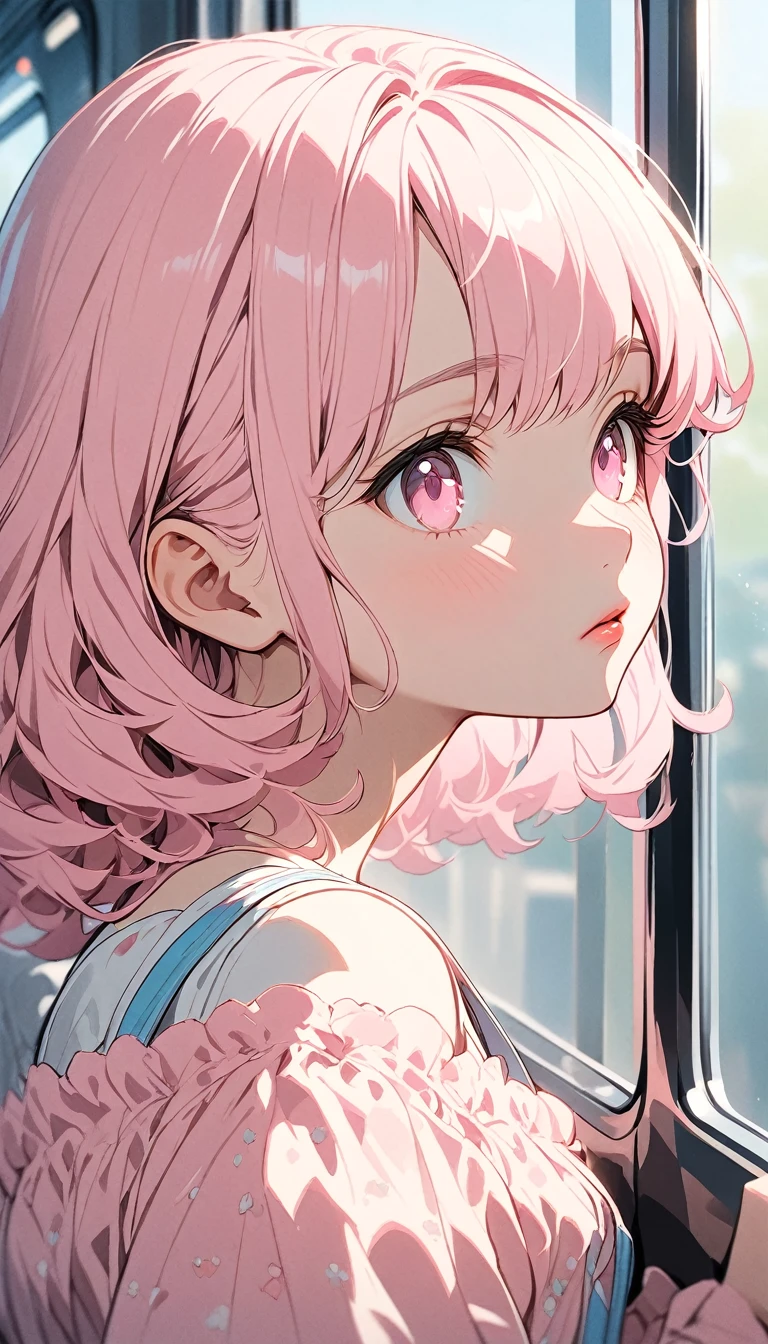 (masterpiece),(best quality:1.1),(very detailed),best illustration,in detail,(portrait:1.1),(Intense close-ups), girl,alone,13 years old,slim,(Really delicate and beautiful face),(Beautiful pink eyes),pink thick lips,(Wearing an off-the-shoulder dress), Riding the subway and looking out the window, Soft and lazy,(simple background:1.2)Overall color background,obvious,4K