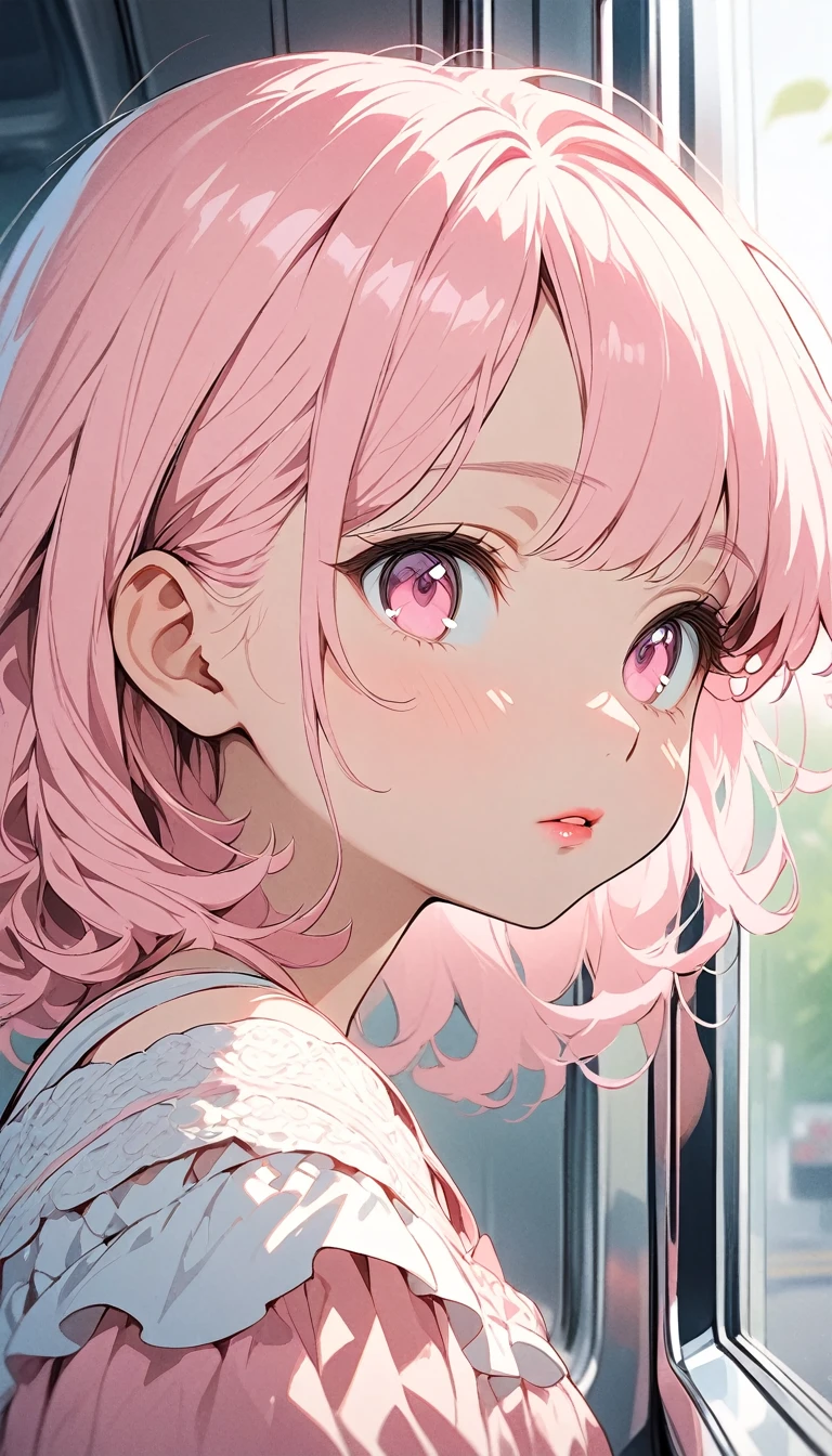 (masterpiece),(best quality:1.1),(very detailed),best illustration,in detail,(portrait:1.1),(Intense close-ups), girl,alone,13 years old,slim,(Really delicate and beautiful face),(Beautiful pink eyes),pink thick lips,(Wearing an off-the-shoulder dress), Riding the subway and looking out the window, Soft and lazy,(simple background:1.2)Overall color background,obvious,4K