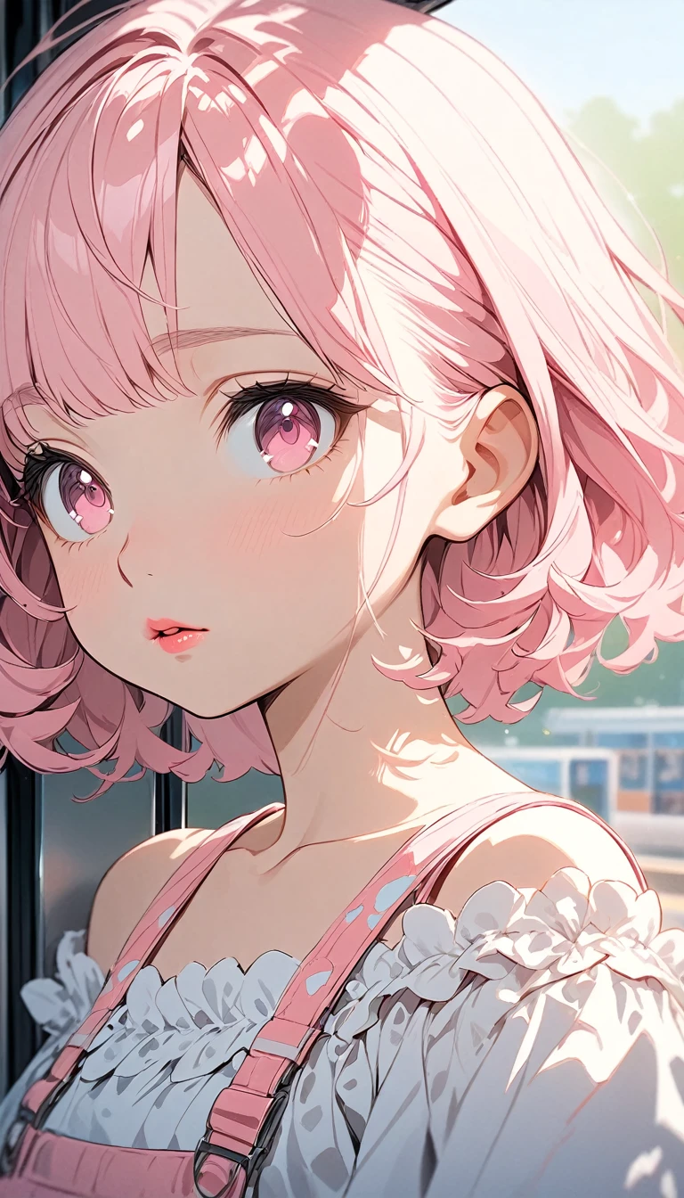 (masterpiece),(best quality:1.1),(very detailed),best illustration,in detail,(portrait:1.1),(Intense close-ups), girl,alone,13 years old,slim,(Really delicate and beautiful face),(Beautiful pink eyes),pink thick lips,(Wearing an off-the-shoulder dress), Riding the subway and looking out the window, Soft and lazy,(simple background:1.2)Overall color background,obvious,4K