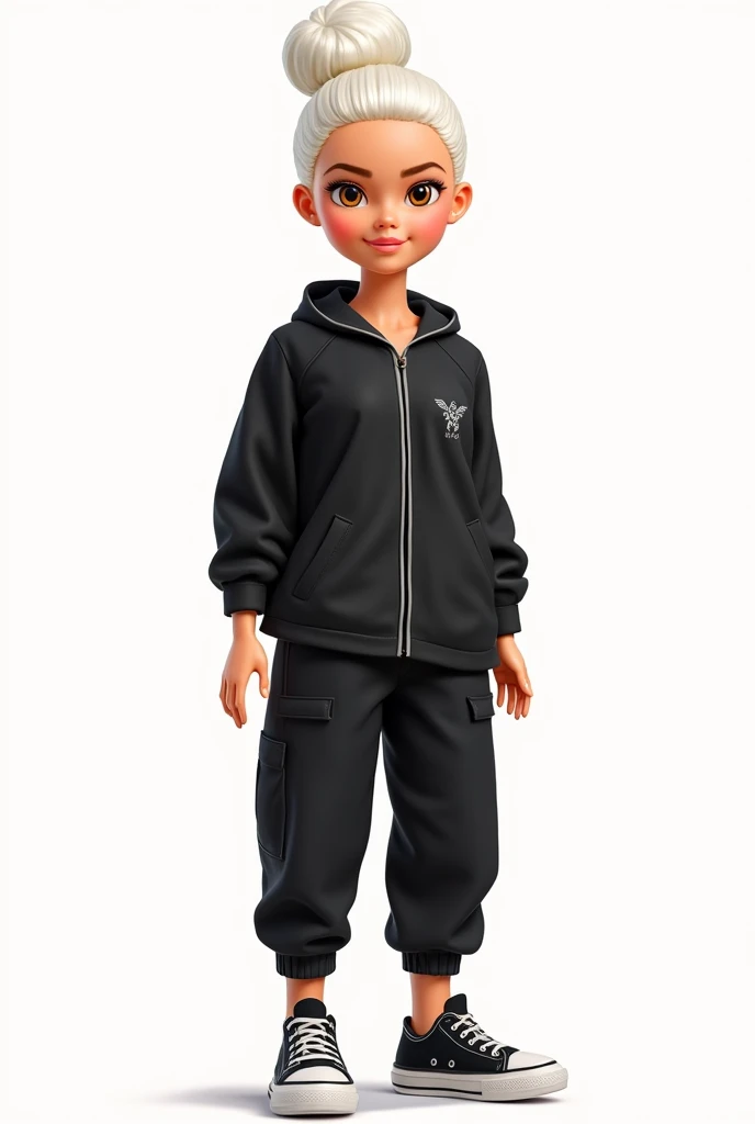 Cartoon Barbie with white hair ,hairstyle a bun,eyes cafes dressed with black medical pajamas jogger type pants,black tennis shoes