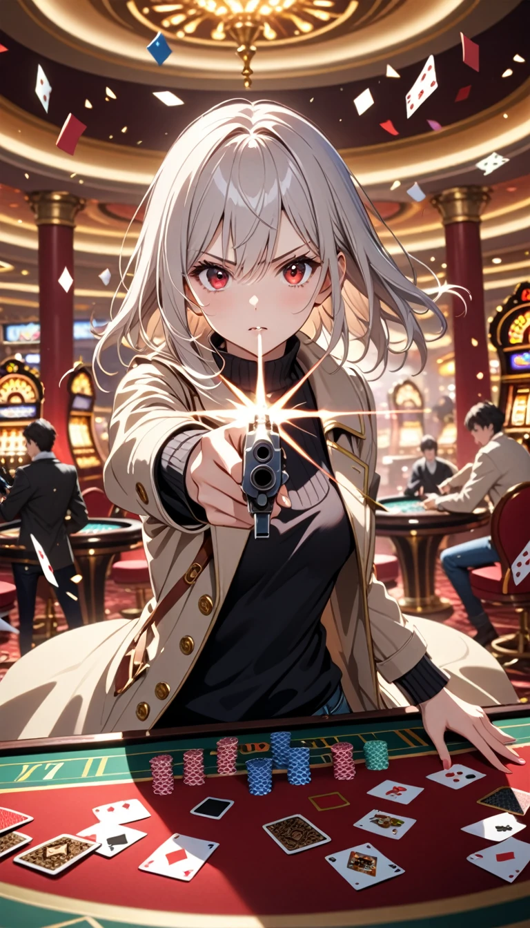 1girl, 15 years old, slim, small breasts, white hair, hairs between eyes, shoulder length hair, pale skin, bright red eye, white duffle coat, open coat, black sweater, turtlenecks, long sleeves, jeans, gold pocket watches hanging from the neck,
detailed face, smooth skin, shiny skin, kawaii,
BREAK
angry, holding weapon, holding gun, handgun, aiming at viewer, muzzle flash,
casino, fell table, casino card table, (scattered cards:1.8), smog,
BREAK
cinematic lighting, volumetric shadow,
BREAK
source_anime, game CG, score_9, score_8_up, score_7_up, (masterpiece:1.2), (best quality:1.2), (very aesthetic:1.2), (absurdres:1.2), (detailed background), newest, (intricate:1.2), ai-generated,