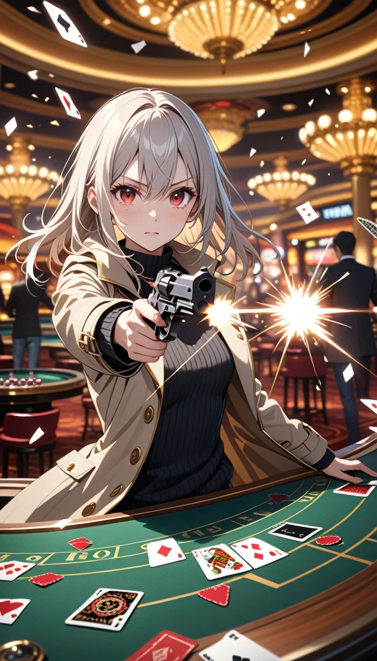 1girl, 15 years old, slim, small breasts, white hair, hairs between eyes, shoulder length hair, pale skin, bright red eye, white duffle coat, open coat, black sweater, turtlenecks, long sleeves, jeans, gold pocket watches hanging from the neck,
detailed face, smooth skin, shiny skin, kawaii,
BREAK
angry, holding weapon, holding gun, handgun, aiming at viewer, muzzle flash,
casino, fell table, casino card table, (scattered cards:1.8), smog,
BREAK
cinematic lighting, volumetric shadow,
BREAK
source_anime, game CG, score_9, score_8_up, score_7_up, (masterpiece:1.2), (best quality:1.2), (very aesthetic:1.2), (absurdres:1.2), (detailed background), newest, (intricate:1.2), ai-generated,