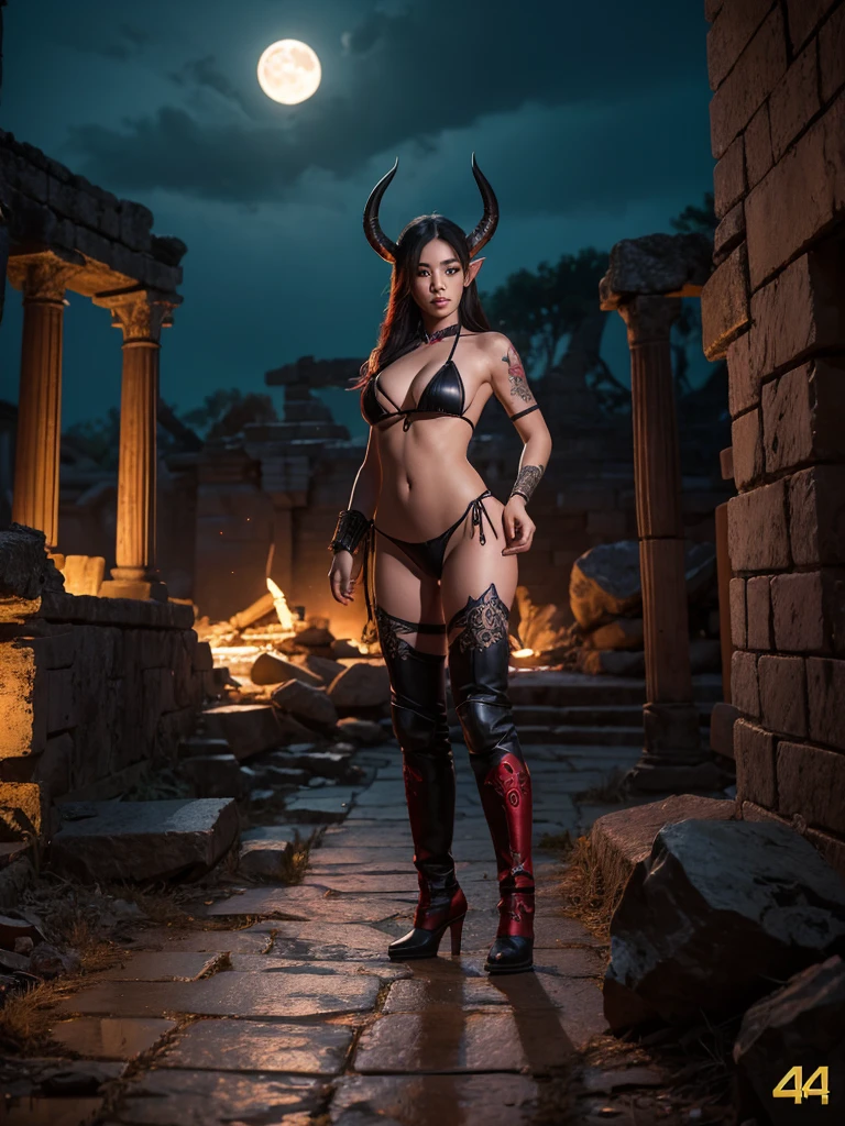 a beautiful busty Asian elf woman with ram horns, glowing eyes, and a long curling demon lizard tail, wearing a black and red bikini armor in ancient ruins at night under a full moon, black tattoo, boots, (best quality,4k,8k,highres,masterpiece:1.2),ultra-detailed,(realistic,photorealistic,photo-realistic:1.37),dark fantasy,cinematic lighting,dramatic atmosphere,vibrant colors,intricate details