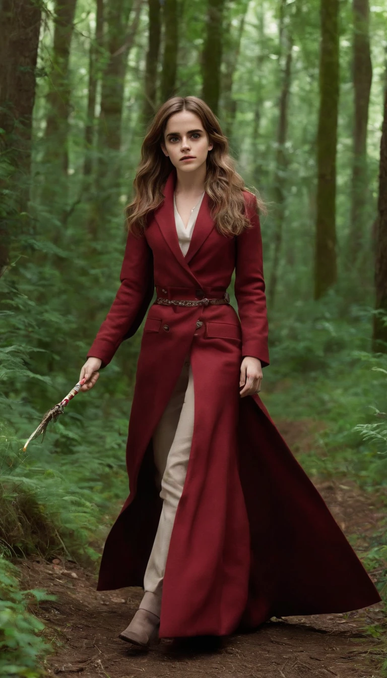 Emma Watson as Hermione Granger, ((Long Hair)), (Big Breasts), in Red Slit clothes walking in forest happy holding magic stick