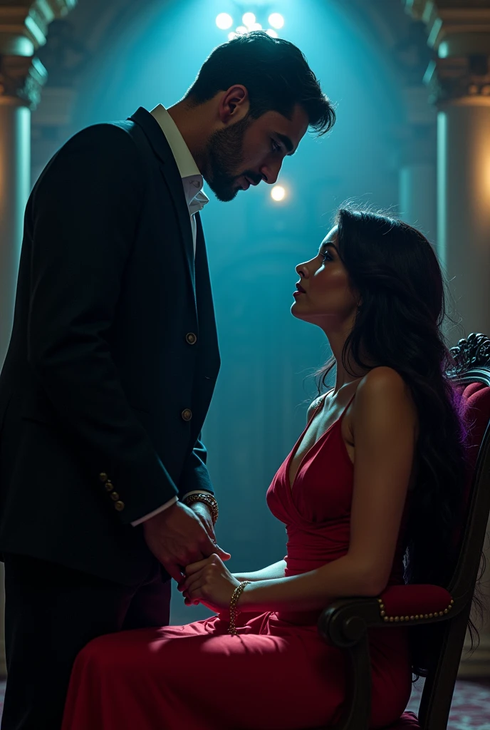 A ( handsome man , black suit , Magical glowing blue eyes he is using his Hypnotic eyes on a beautiful girl who is sitting on a chair tied up with ropes she is looking into man beautiful blue glowing eyes, She Is wearing red colour beautiful,hot and sexy dress,she has long black purple hair , background is off a beautiful mansion but dark ( Full image)
She made dog pose