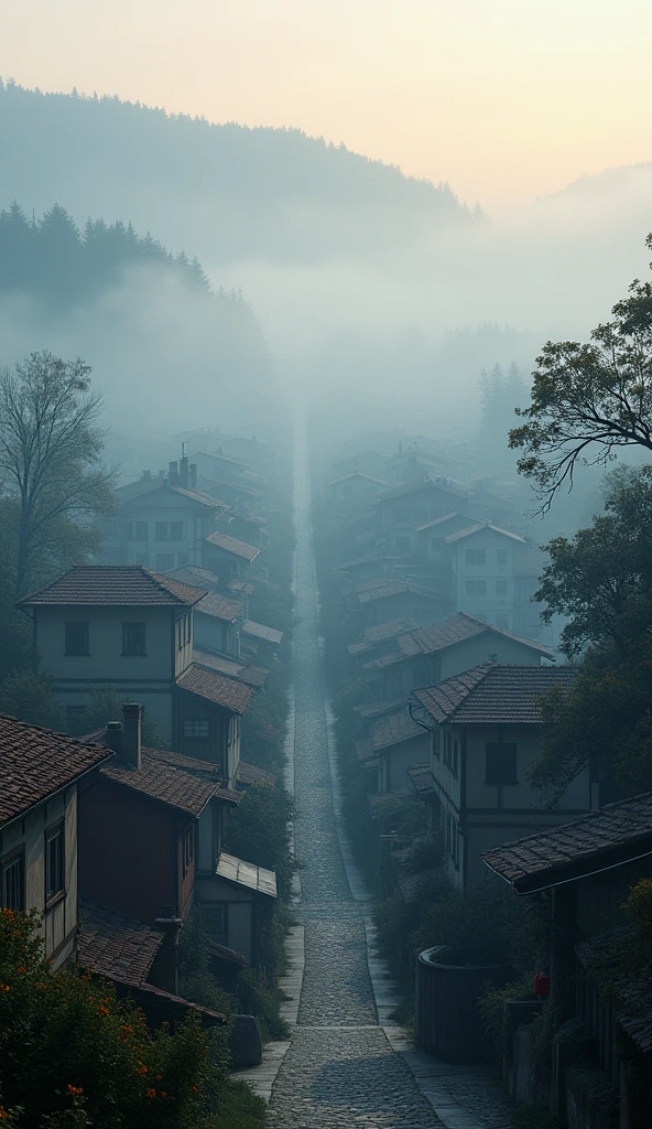 A shot of the town early in the morning with a light fog hanging over it, adding a layer of mystery to the otherwise peaceful setting.8k,vibrant,realistic